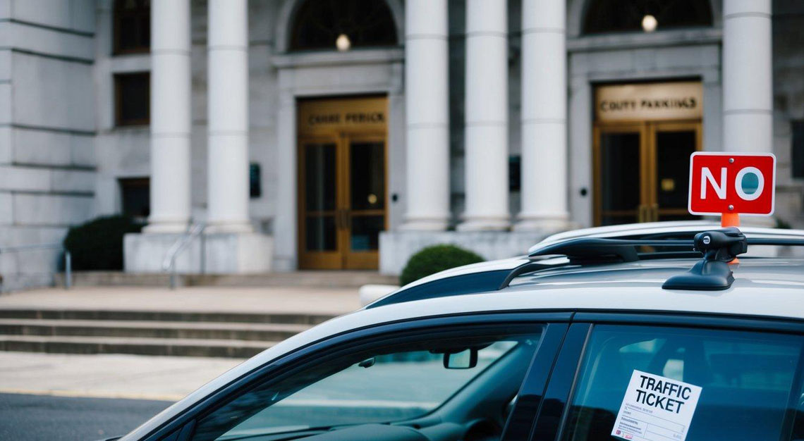 A car parked outside a courthouse with a red "No Parking" sign and a traffic ticket on the windshield